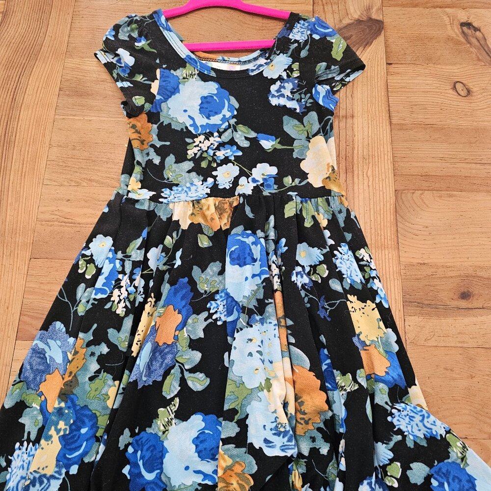 Dot Dot Smile 3/4 Kids Cap Sleeve Dress Blue Black Floral Rose Swing Flowy Twirl